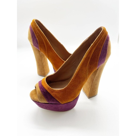 Steve Madden Shoes - Steve Madden Gaayle Brown Leather Suede Ultra High Heel Peep Toe Pumps Size 6.5